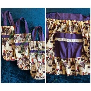 2 in 1 as a Set! Handmade Apron and 3 Wine Bottle Totes, Wine Grape Theme!